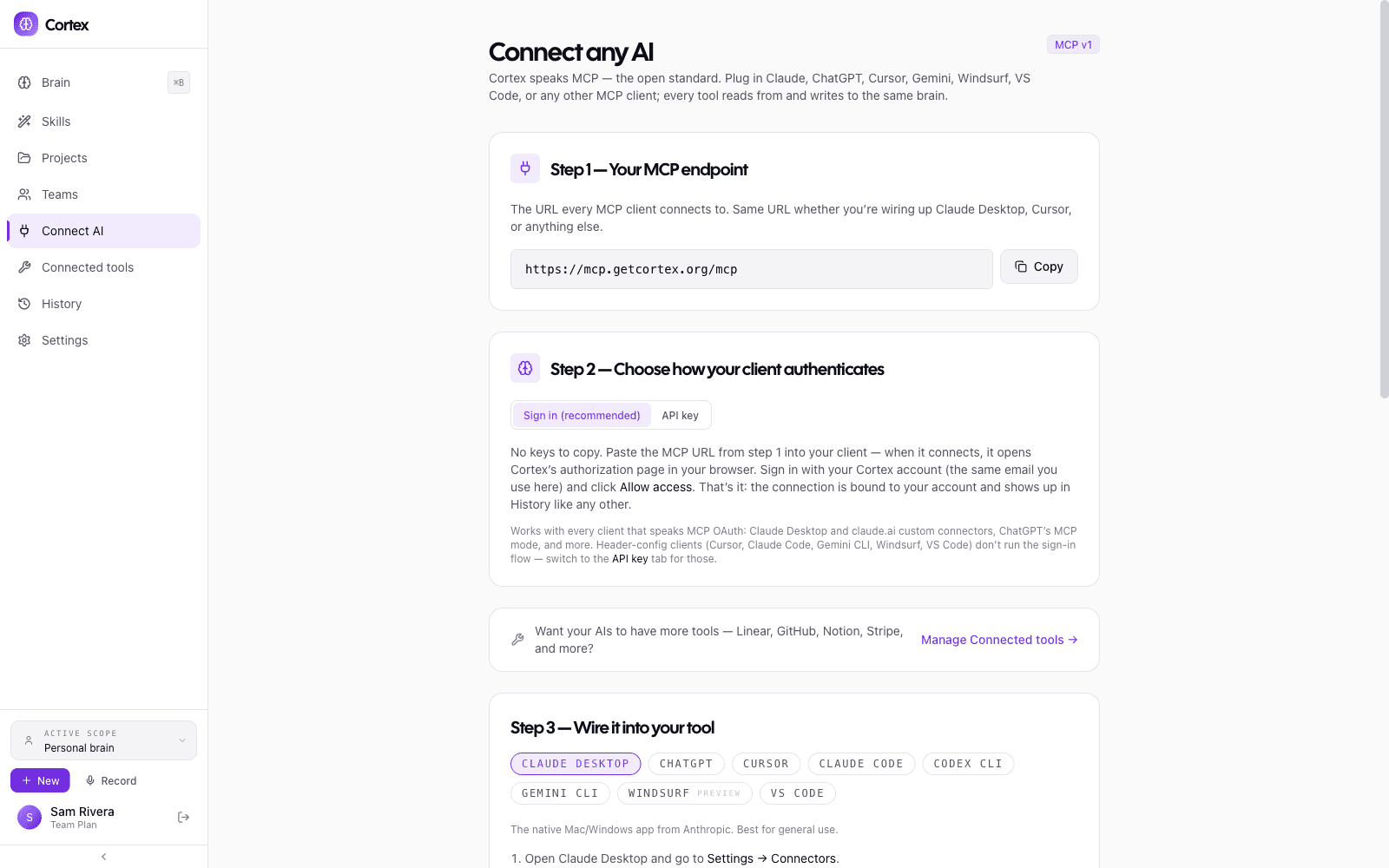 The Connect any AI page — one MCP endpoint for Claude, ChatGPT, Cursor, and more.